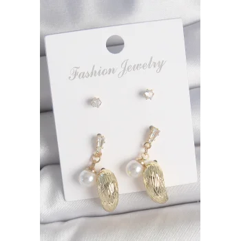 Pirinç Gold Renk Zirkon Taşlı İncili Sallantılı İşlemeli Damla Model 3 Çift Kadın Küpe Seti