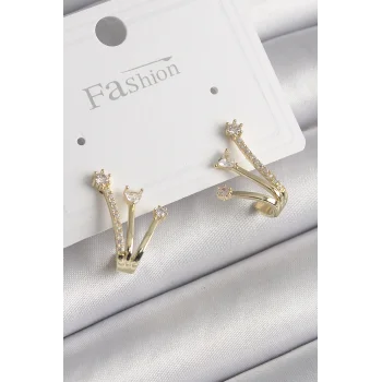 Pirinç Gold Renk Zirkon Taşlı Kadın Küpe