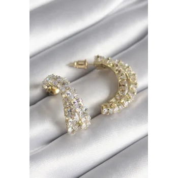 Pirinç Gold Renk Zirkon Taşlı Kadın Küpe