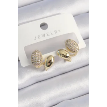 Pirinç Gold Renk Zirkon Taşlı Kadın Küpe