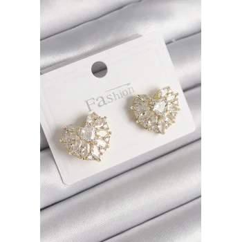 Pirinç Gold Renk Zirkon Taşlı Kalp Model Kadın Küpe