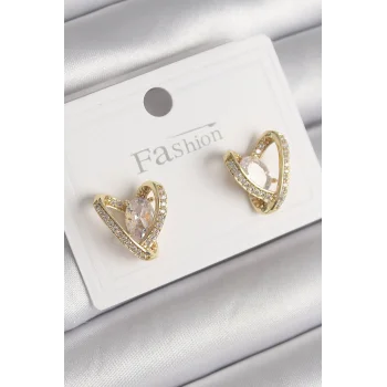 Pirinç Gold Renk Zirkon Taşlı Kalp Model Kadın Küpe
