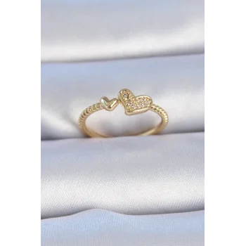 Pirinç Gold Renk Zirkon Taşlı Kalp Model Kadın Yüzük