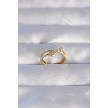 Pirinç Gold Renk Zirkon Taşlı Kalpli Model Ayarlanabilir Yüzük