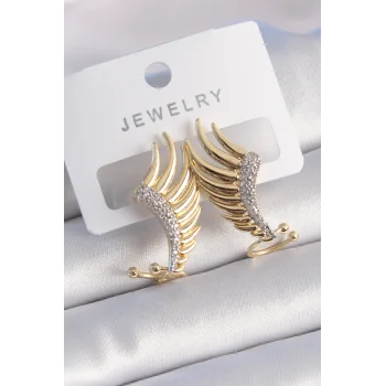 Pirinç Gold Renk Zirkon Taşlı Kanat Model Kadın Küpe