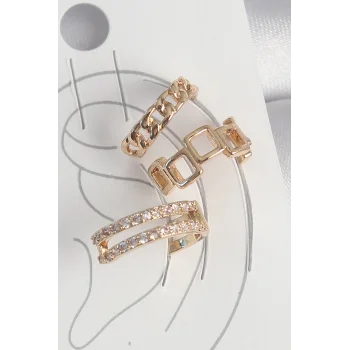 Pirinç Gold Renk Zirkon Taşlı Kare Zincir Model Kadın Kıkırdak Küpe