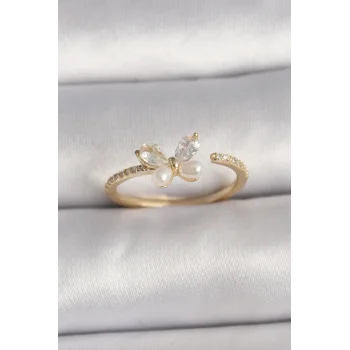 Pirinç Gold Renk Zirkon Taşlı Kelebek Mode İnci Detay Ayarlanabilir Yüzük