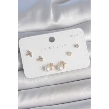 Pirinç Gold Renk Zirkon Taşlı Kelebek Model İnci Detay 925 Ayar Gümüş Çivi Kadın Küpe Seti