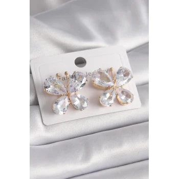 Pirinç Gold Renk Zirkon Taşlı Kelebek Model Kadın Küpe