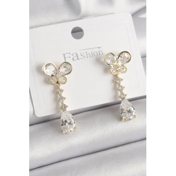 Pirinç Gold Renk Zirkon Taşlı Kelebek Model Sallantı Damla Zirkon Taş Kadın Küpe