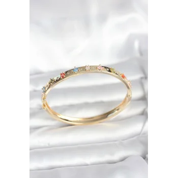 Pirinç Gold Renk Zirkon Taşlı Kelepçe Bileklik