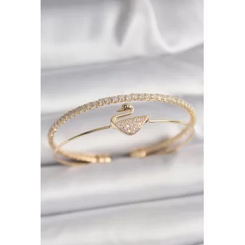 Pirinç Gold Renk Zirkon Taşlı Kuğu Model Kadın Bileklik