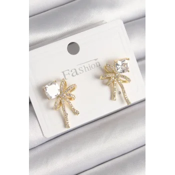 Pirinç Gold Renk Zirkon Taşlı Kurdele Model Kadın Küpe
