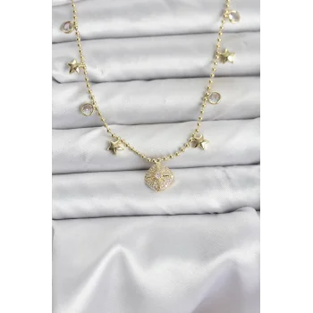 Pirinç Gold Renk Zirkon Taşlı Kutup Yıldızı Model Kadın Kolye