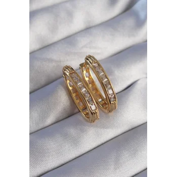 Pirinç Gold Renk Zirkon Taşlı Oval Model Küpe