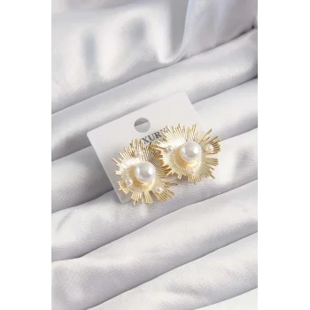 Pirinç Gold Renk Zirkon Taşlı Parlayan İnci Taneleri Küpe