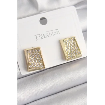 Pirinç Gold Renk Zirkon Taşlı Plaka Model Kadın Küpe