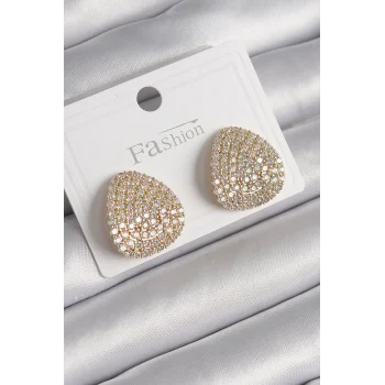 Pirinç Gold Renk Zirkon Taşlı Plaka Model Kadın Küpe