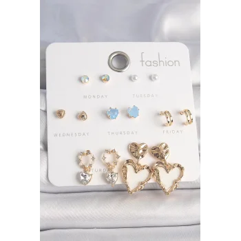 Pirinç Gold Renk Zirkon Taşlı Sallantı Beyaz Sedefli Kalp Model 7 Çift Kadın Küpe Seti