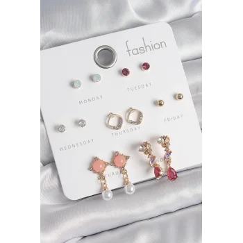 Pirinç Gold Renk Zirkon Taşlı Sallantı İnci Detay 7 Çift Kadın Küpe