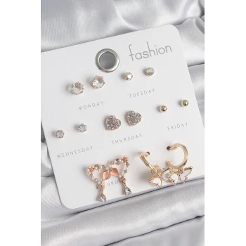 Pirinç Gold Renk Zirkon Taşlı Sallantılı Kalp Figür Kelebek Detay 7 Çift Kadın Küpe Seti