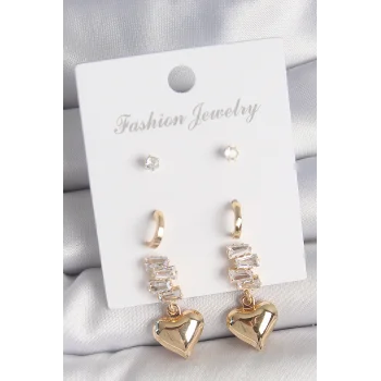 Pirinç Gold Renk Zirkon Taşlı Sallantılı Kalp Model Yarım Halka Detay 3 Çift Kadın Küpe Seti