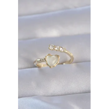 Pirinç Gold Renk Zirkon Taşlı Sedefli Kalp Model Ayarlanabilir Yüzük
