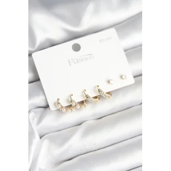 Pirinç Gold Renk Zirkon Taşlı ve İncili Model 925 Ayar Gümüş Çivi Kadın Küpe Seti