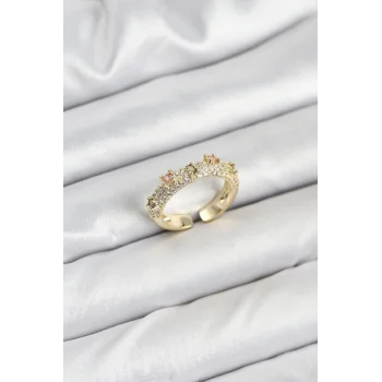 Pirinç Gold Renk Zirkon Taşlı Vintage Kadın Yüzük
