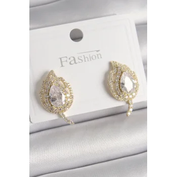 Pirinç Gold Renk Zirkon Taşlı Yaprak Model Kadın Küpe