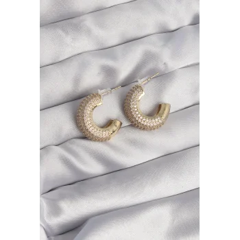 Pirinç Gold Renk Zirkon Taşlı Yarım Halka Küpe