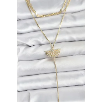 Pirinç Gold Renk Zirkon Taşlı Yelpaze Model Detaylı 3lü Kombin Y Kadın Kolye