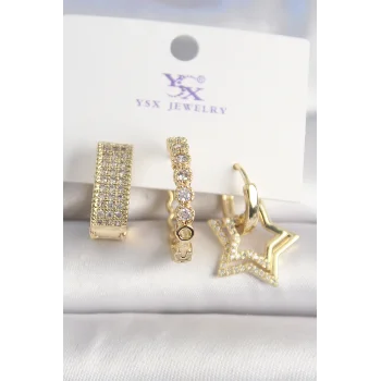 Pirinç Gold Renk Zirkon Taşlı Yıldız Figür Halka Model 3Lü Kadın Kombin Küpe