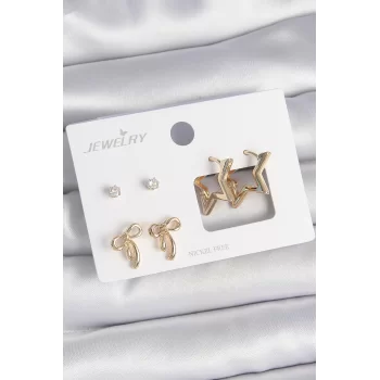 Pirinç Gold Renk Zirkon Taşlı Yıldız Model Fiyonk Detay 3 Çift Kadın Küpe Seti