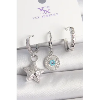 Pirinç Gold Renk Zirkon Taşlı Yıldız Model Nazar Boncuk Detay 3Lü Kadın Kombin Küpe