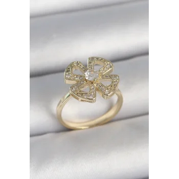 Pirinç Gold Renk Zirkon Taşlı Yonca Model Ayarlanabilir Kadın Yüzük