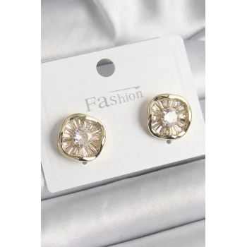 Pirinç Gold Renk Zirkon Taşlı Yonca Model Kadın Küpe