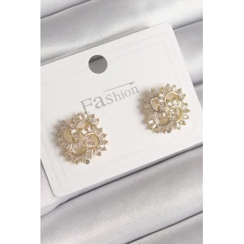 Pirinç Gold Renk Zirkon Taşlı Yonca Model Kadın Küpe