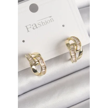 Pirinç Gold Renk Zirkon Taşlı Zincir Model Kadın Küpe