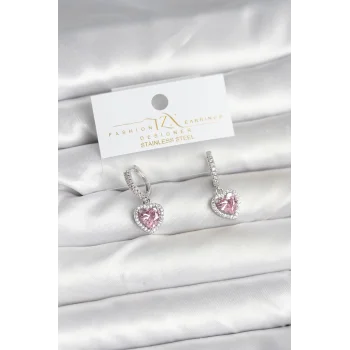 Pirinç Gümüş Pembe Renk Zirkon Taşlı Kalp Model Kadın Küpe