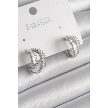 Pirinç Gümüş Renk 2Li Zirkon Taşlı Halka Model Kadın Küpe