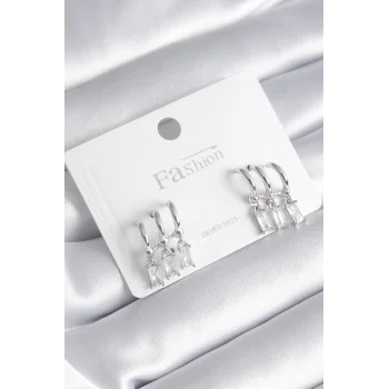 Pirinç Gümüş Renk 3lü Sallantı Zirkon Taşlı Küpe