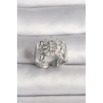 Pirinç Gümüş Renk Ayarlanabilir Baget Zirkon Taş Model Kadın Yüzük