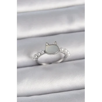 Pirinç Gümüş Renk Ayarlanabilir Beyaz Mineli Kedi Model İnci Detay Kadın Yüzük