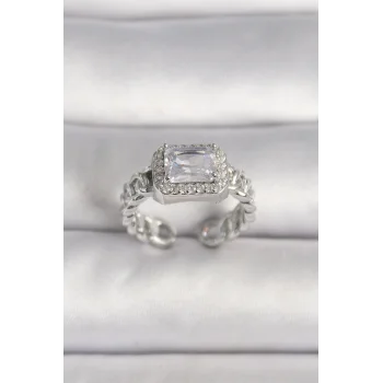 Pirinç Gümüş Renk Ayarlanabilir Zincir Kare Zirkon Taşlı Kadın Yüzük