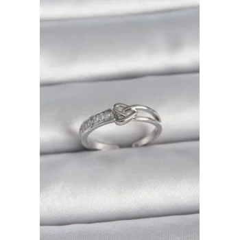 Pirinç Gümüş Renk Ayarlanabilir Zirkon Taşlı Düğüm Kalp Model Kadın Yüzük