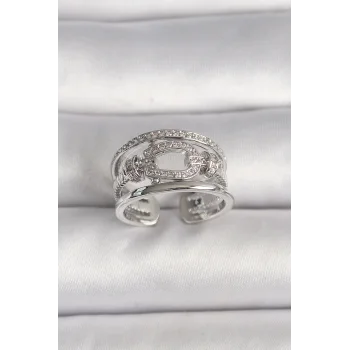 Pirinç Gümüş Renk Ayarlanabilir Zirkon Taşlı Gemici Düğüm Model Kadın Yüzük