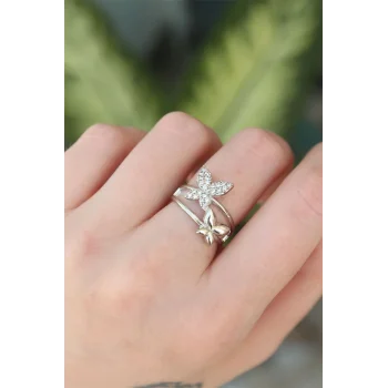 Pirinç Gümüş Renk Ayarlanabilir Zirkon Taşlı Kelebek Yüzük
