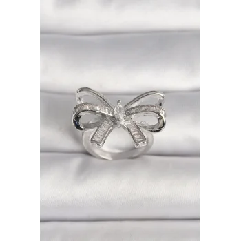 Pirinç Gümüş Renk Ayarlanabilir Zirkon Taşlı Kurdele Model Kadın Yüzük