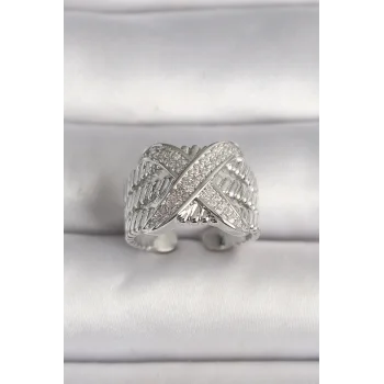 Pirinç Gümüş Renk Ayarlanabilir Zirkon Taşlı X Model Kadın Yüzük